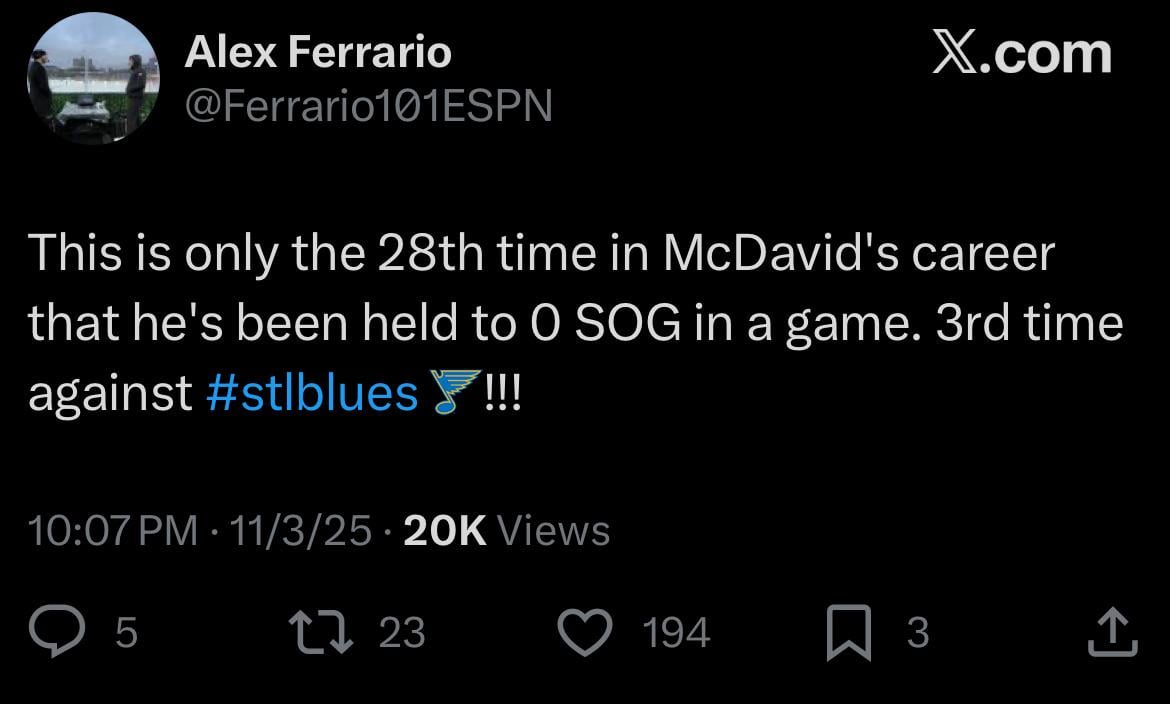 [Ferrario] Last night was only the 28th time in McDavid's career that he's been held to 0 SOG in a game. It was the 3rd time against the Blues.