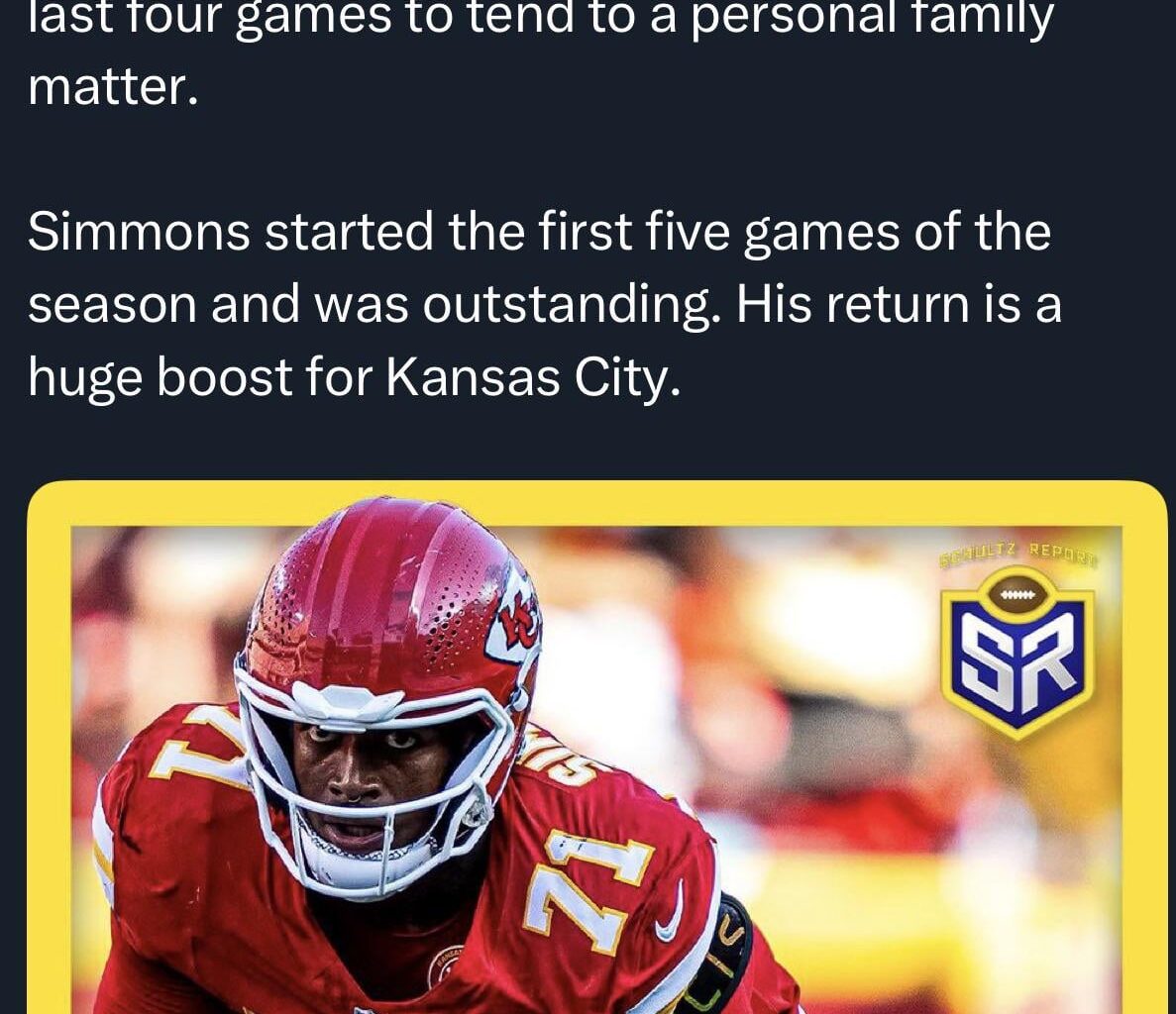 [@Schultz_report on X] Josh Simmons has returned to the Chiefs team facility.
