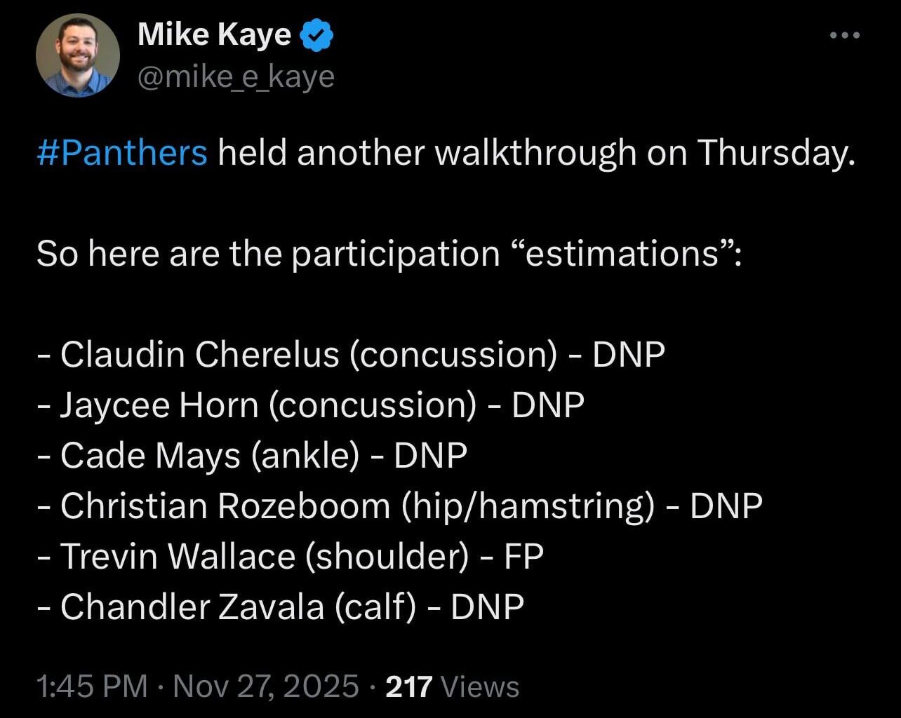 [Kaye] Thursday Injury Report