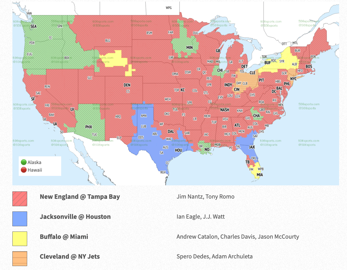 Coverage map for Sunday (Jags-Texans in blue)