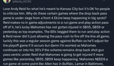 [Lane] KCSN criticizes Reid’s lack of in game adjustments, worries his lack of commitment/investment in the run game will affect Mahomes long term at this rate.
