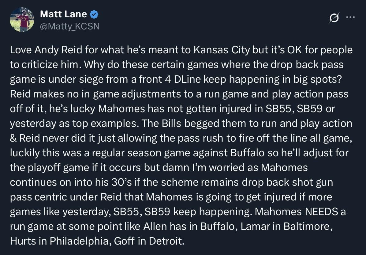 [Lane] KCSN criticizes Reid’s lack of in game adjustments, worries his lack of commitment/investment in the run game will affect Mahomes long term at this rate.