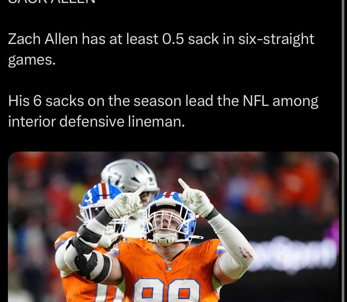 [Stevens] SACK ALLEN Zach Allen has at least 0.5 sack in six-straight games. His 6 sacks on the season lead the NFL among interior defensive lineman.