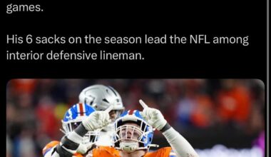 [Stevens] SACK ALLEN Zach Allen has at least 0.5 sack in six-straight games. His 6 sacks on the season lead the NFL among interior defensive lineman.