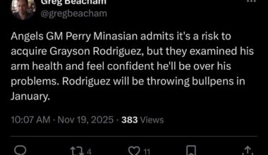 [Beacham]: Minasian confident Rodriguez will be over arm issues; scheduled to throw bullpens in January