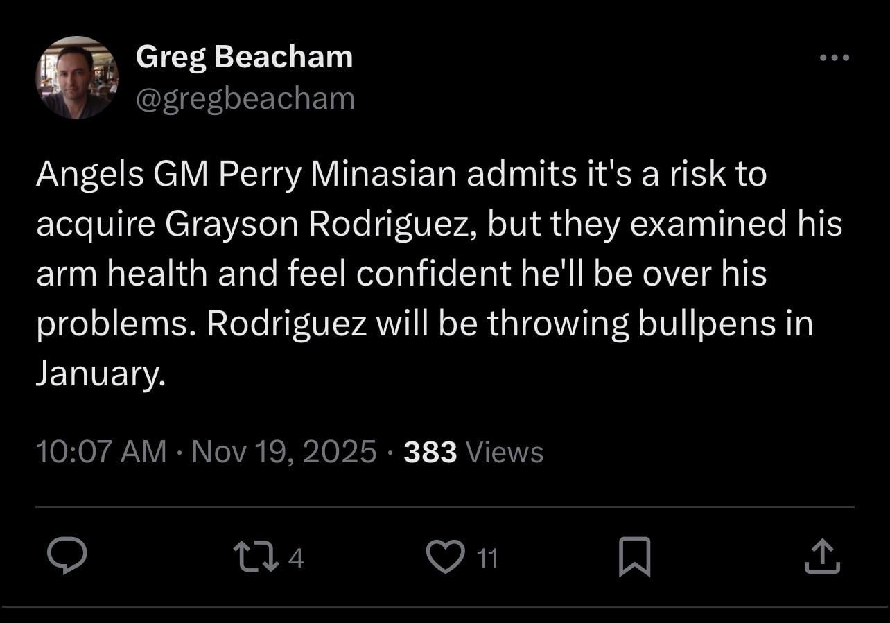 [Beacham]: Minasian confident Rodriguez will be over arm issues; scheduled to throw bullpens in January