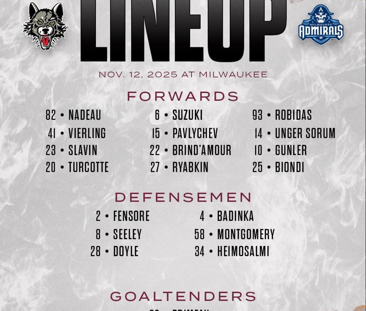Cayden Primeau makes his Wolves debut against the Milwaukee Admirals! Game starts at 10:30 AM CST