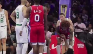 VJ Edgecombe mic'd up, checking on Embiid got hit in the eye: "Look at me, look at me. Am I still handsome?" *Embiid nods* "Okay, okay, you good"