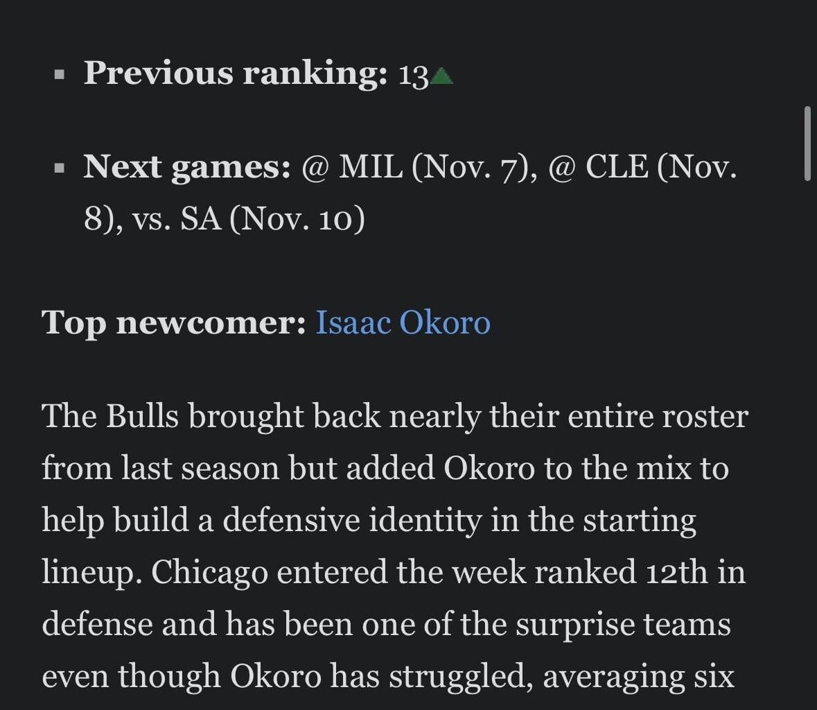 ESPN’s power rankings have the bulls at 8, below the 76ers who they beat last night.