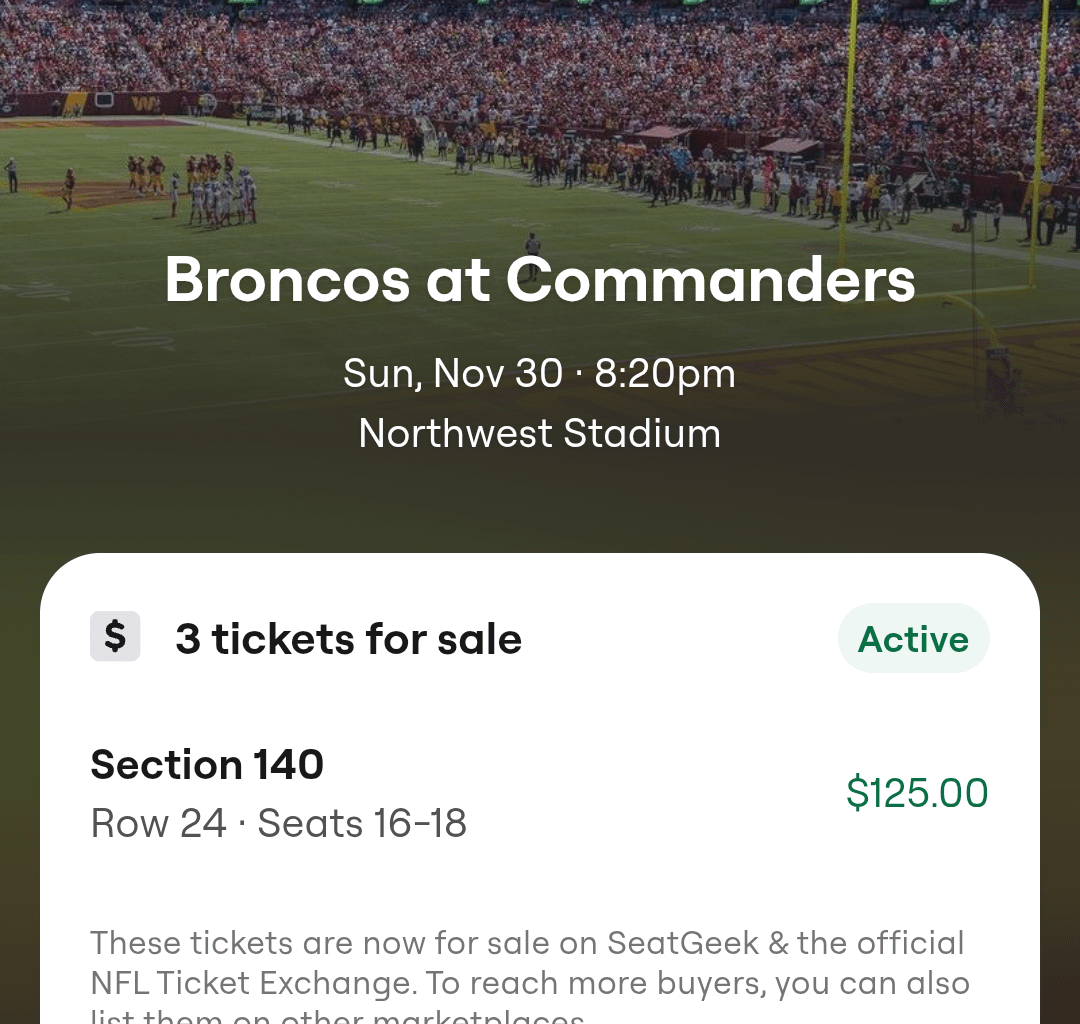 3 tickets to Commanders vs Broncos.