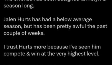 [Page] The offense has been designed terribly all season. Hurts has had a below average season, but has been pretty awful the past couple of weeks. I trust Hurts because I've seen him compete & win at the highest level. I do not trust Patullo because his offense has been terribly designed all season