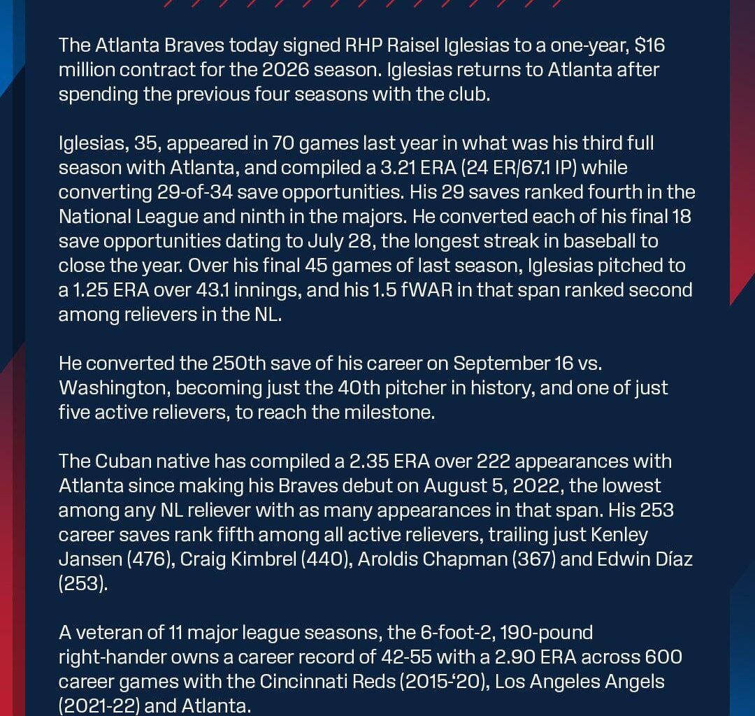 Braves re-sign Raisel Iglesias for 1 year, $16 million