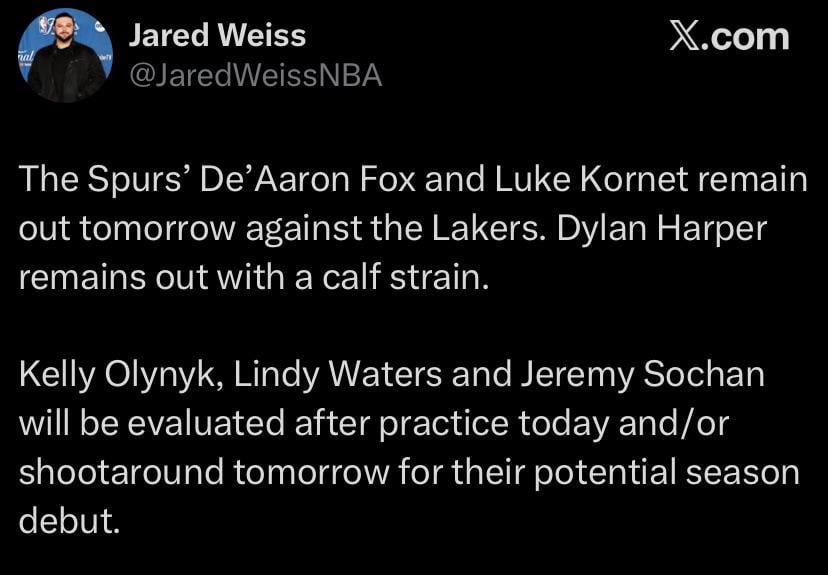 Fox and Kornet out tomorrow. Olynyk, Sochan, and Waters GTD