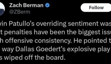 [Berman] Kevin Patullo’s overriding sentiment was that penalties have been the biggest issue with offensive consistency. He pointed to the way Dallas Goedert’s explosive play was wiped off the board.