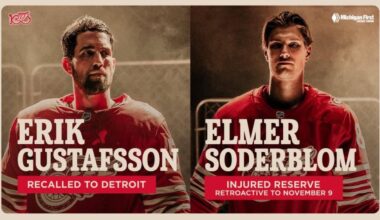 UPDATE: The #RedWings have recalled Erik Gustafsson from the AHL’s Grand Rapids Griffins. Additionally, Elmer Soderblom has been placed on Injured Reserve retroactive to November 9th.