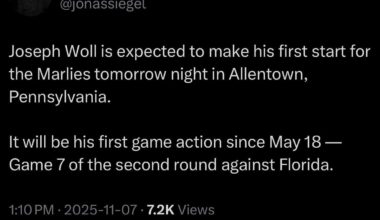 [Siegel] Joseph Woll is expected to make his first start for the Marlies tomorrow night in Allentown, Pennsylvania. It will be his first game action since May 18 — Game 7 of the second round against Florida.