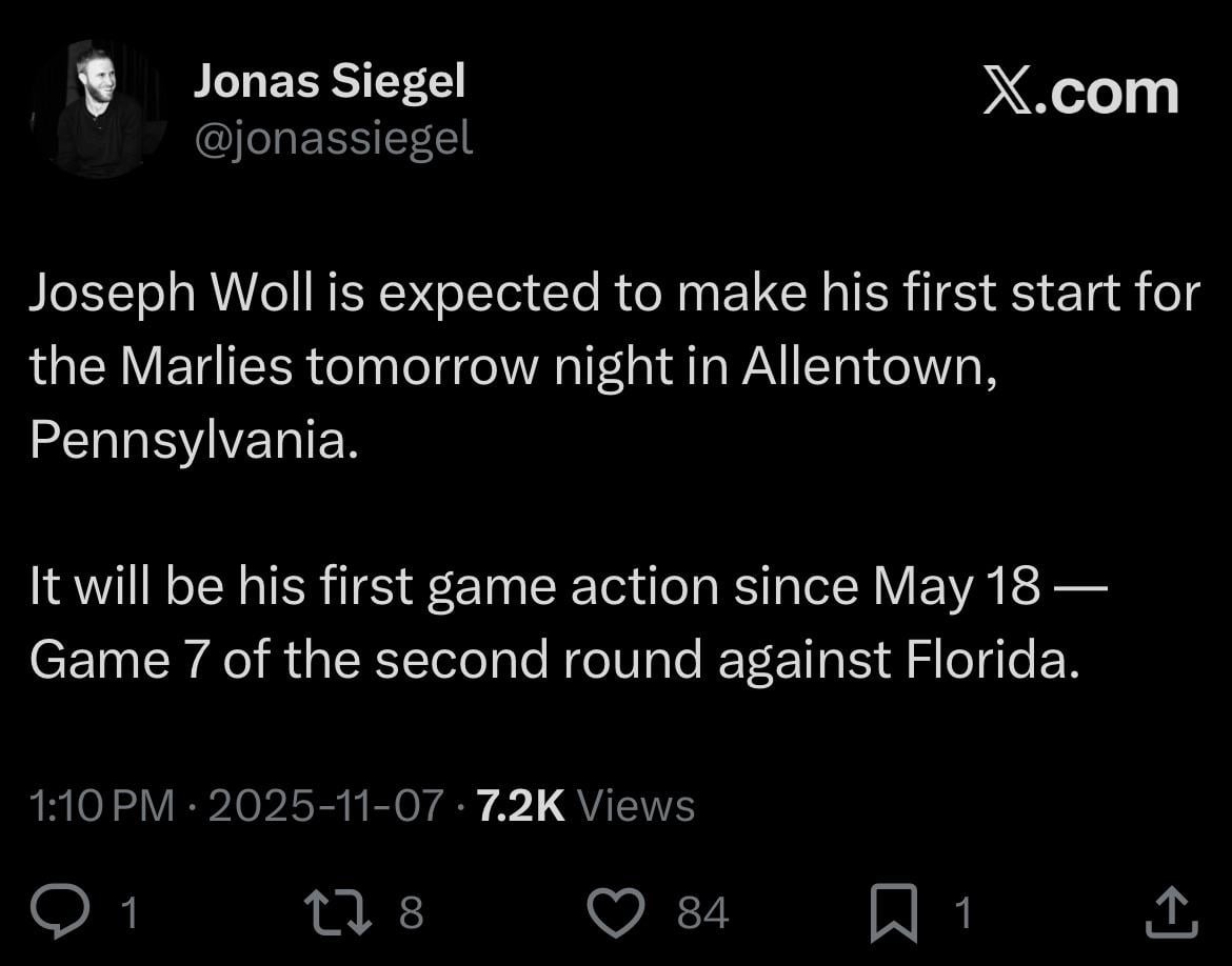 [Siegel] Joseph Woll is expected to make his first start for the Marlies tomorrow night in Allentown, Pennsylvania. It will be his first game action since May 18 — Game 7 of the second round against Florida.