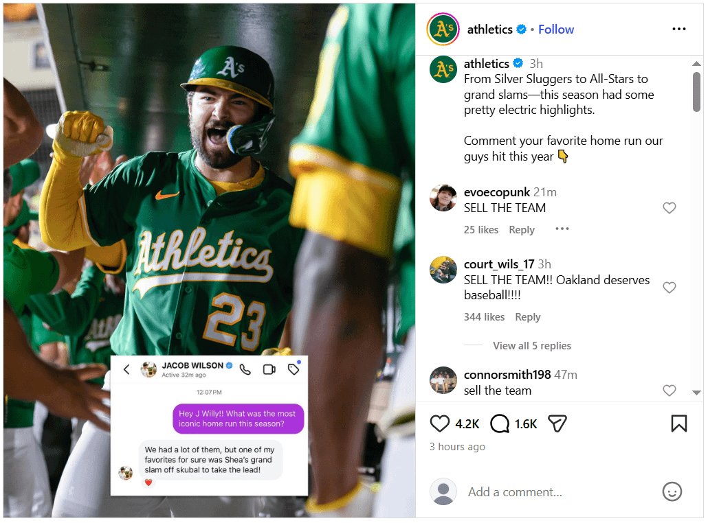 The A's attempt, fail to create positive engagement as they open Instagram comments for the first time in 655 days