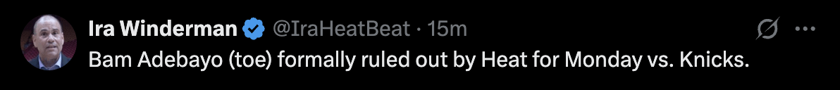 Bam Adebayo (toe) formally ruled out by Heat for Monday vs. Knicks.