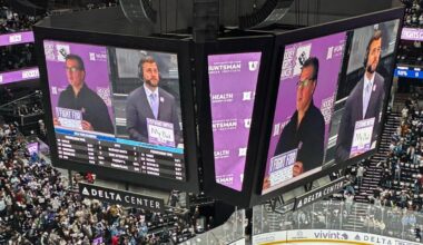 Edzo at Utah Mammoth game last night for Hockey Fights Cancer night