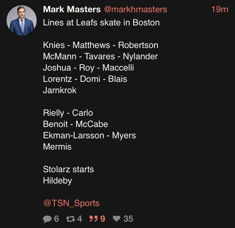 [Masters] Lines at Leafs skate in Boston