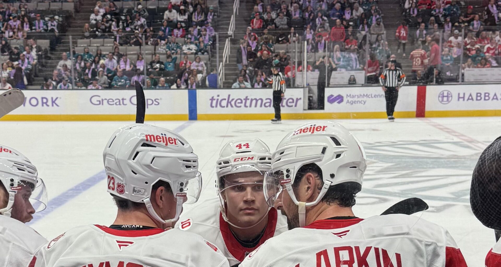 My favorite shot from the sharks game: ASP, Larkin, and Raymond talking overtime strategy