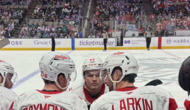 My favorite shot from the sharks game: ASP, Larkin, and Raymond talking overtime strategy