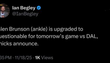 [Begley] Jalen Brunson (ankle) is upgraded to questionable for tomorrow’s game vs DAL, Knicks announce.