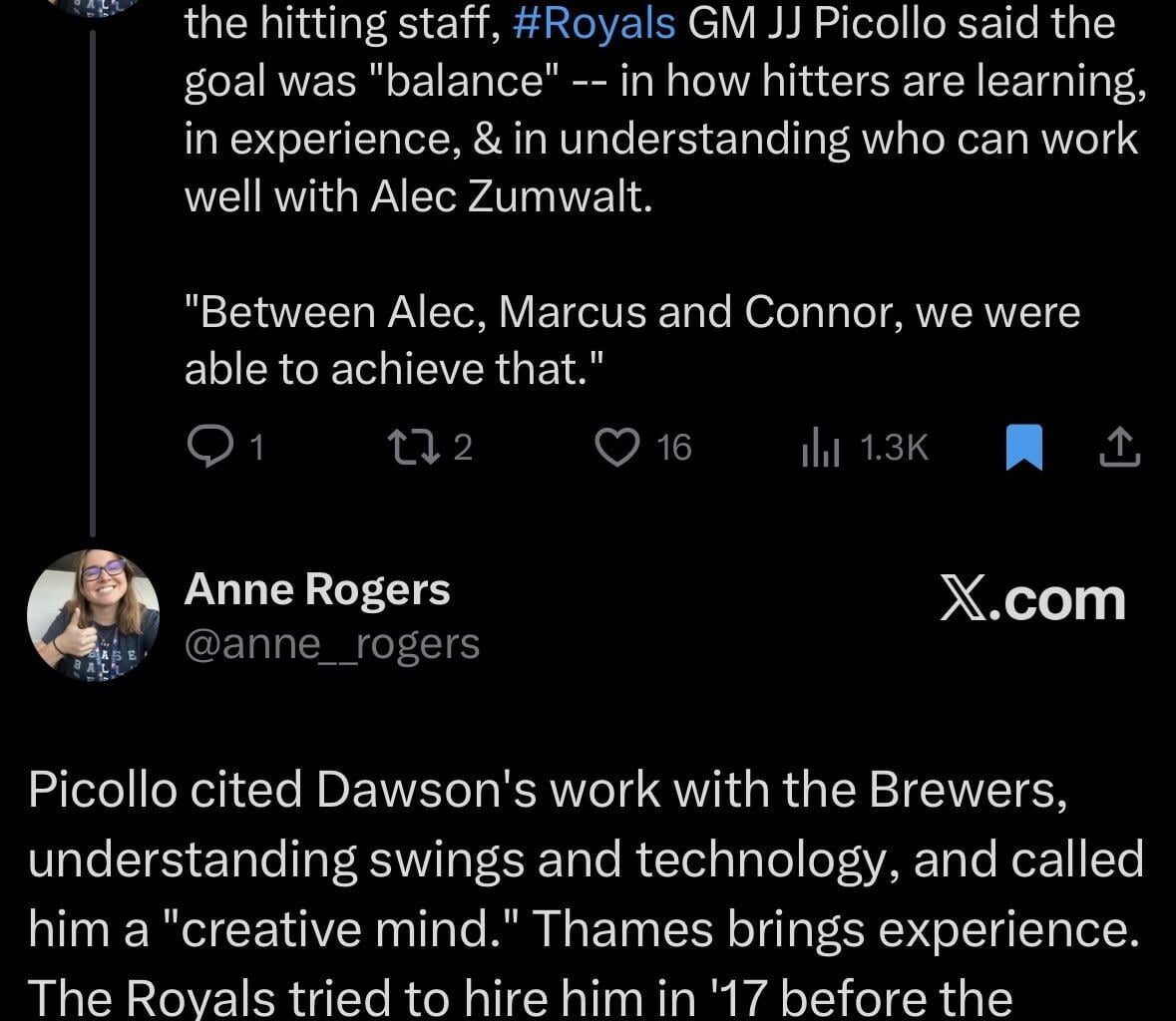 [Anne Rogers] “ In hiring Connor Dawson & Marcus Thames to the hitting staff, #Royals GM JJ Picollo said the goal was "balance" -- in how hitters are learning, in experience, & in understanding who can work well with Alec Zumwalt.
"Between Alec, Marcus and Connor, we were able to achieve that."
