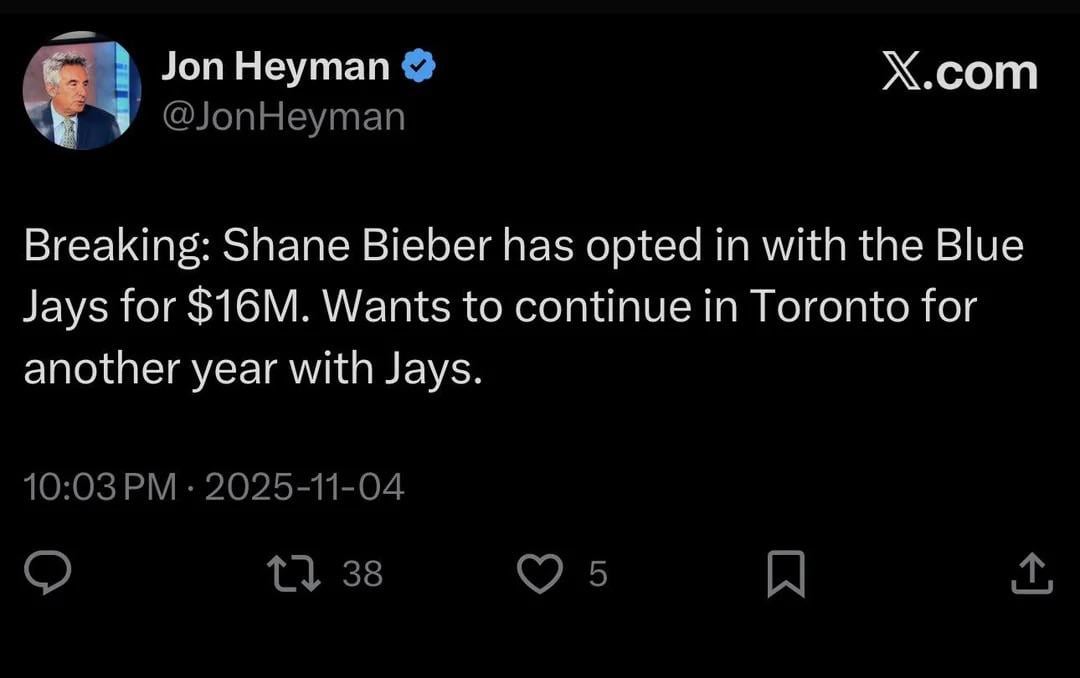 Shane Bieber has opted in with the Blue Jays for $16M