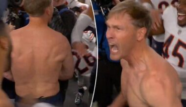 Bears coach Ben Johnson rips shirt off after victory in epic moment