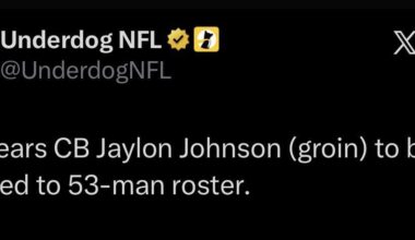 [Underdog NFL] Rap: Bears CB Jaylon Johnson (groin) to be activated to 53-man roster.