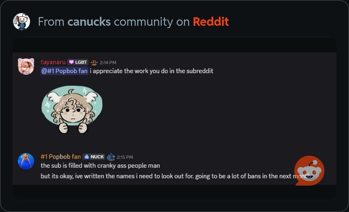r/canucks mods are taking names and banning people who criticize the mods. They really don't want this going around as it's been removed multiple times.