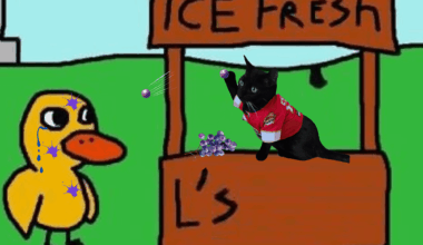 A duck walked up to a Purrhees stand