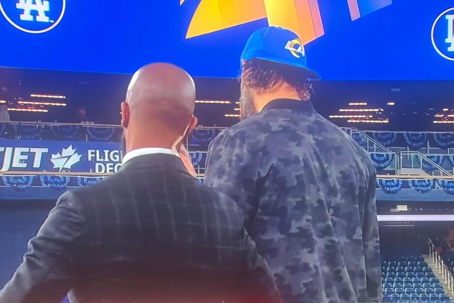 Clayton Keyshawn wearing a Rams hat during his post-game interviews last night…