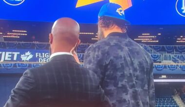 Clayton Keyshawn wearing a Rams hat during his post-game interviews last night…