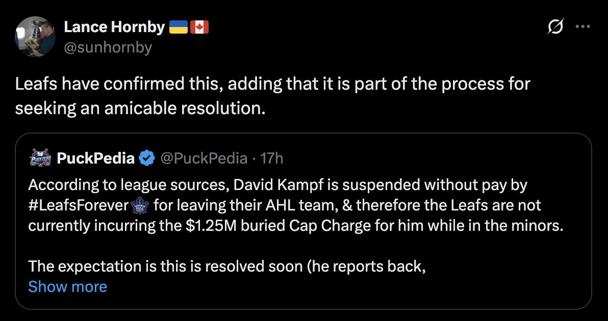 [Hornby] Leafs have confirmed this, adding that it is part of the process for seeking an amicable resolution.