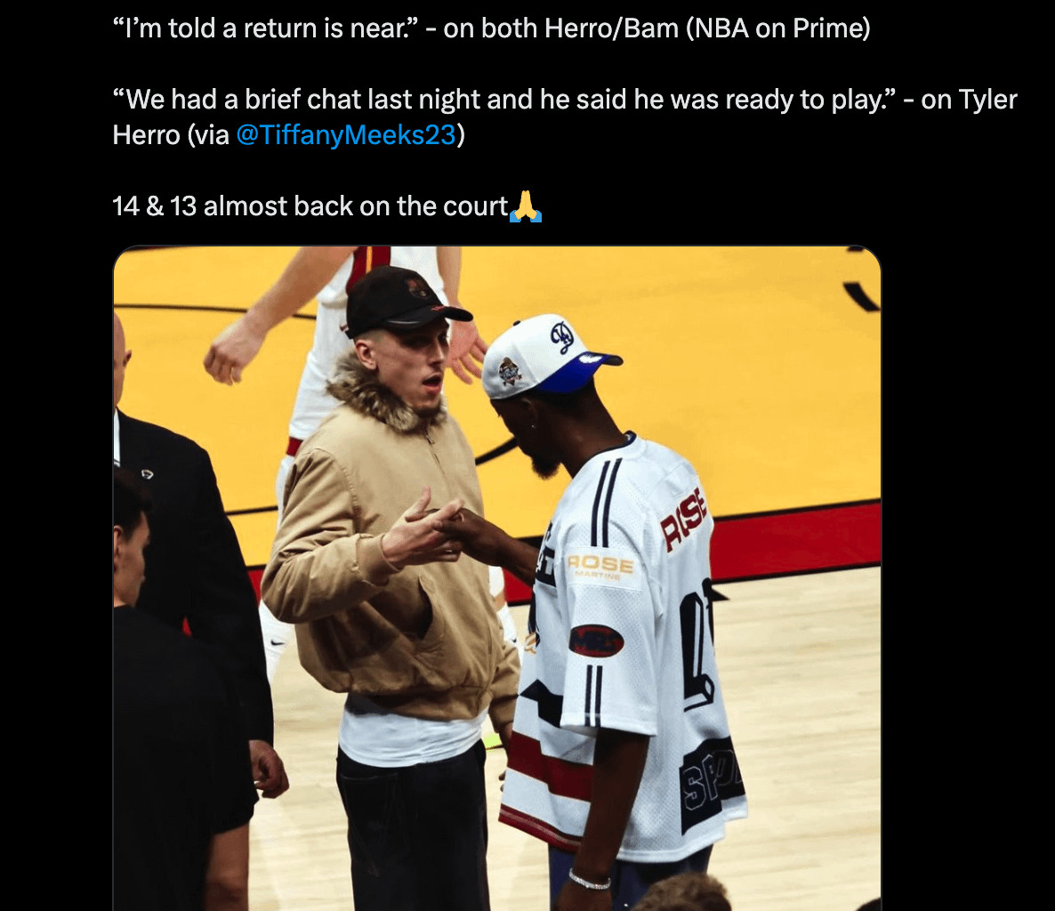 Tyler Herro and Bam Adebayo update so far: “I’m told a return is near.” - on both Herro/Bam (NBA on Prime)