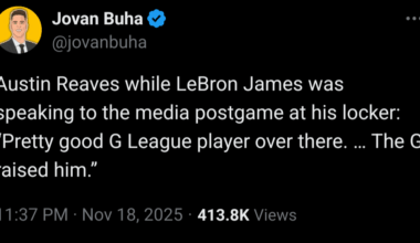 [Buha] Austin Reaves while LeBron James was speaking to the media postgame at his locker: “Pretty good G League player over there. … The G raised him.”
