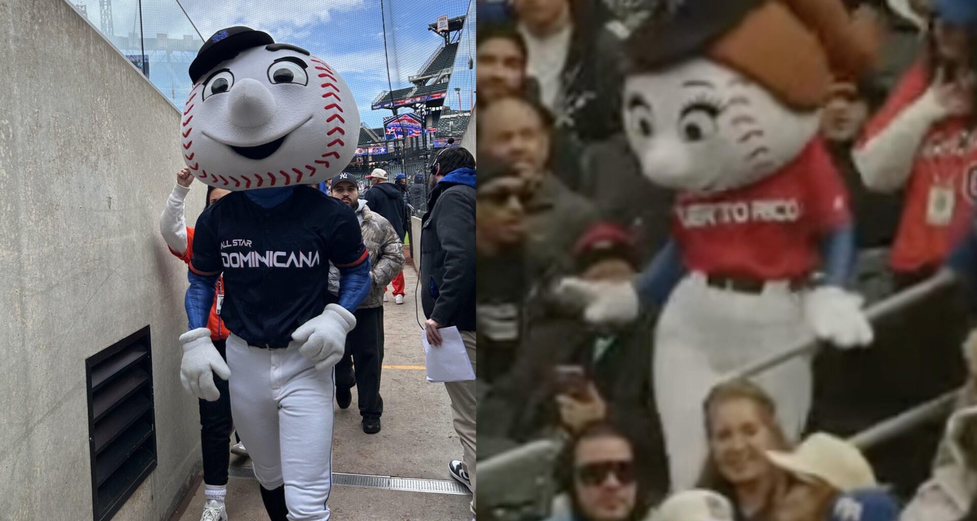 Mr. and Mrs. Met are divided today, with Mr. Met wearing a Dominican Republic jersey and Mrs. Met wearing a Puerto Rico jersey