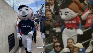 Mr. and Mrs. Met are divided today, with Mr. Met wearing a Dominican Republic jersey and Mrs. Met wearing a Puerto Rico jersey