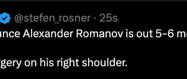 [Rosner] #Isles announce Alexander Romanov is out 5-6 months. He is having surgery on his right shoulder.