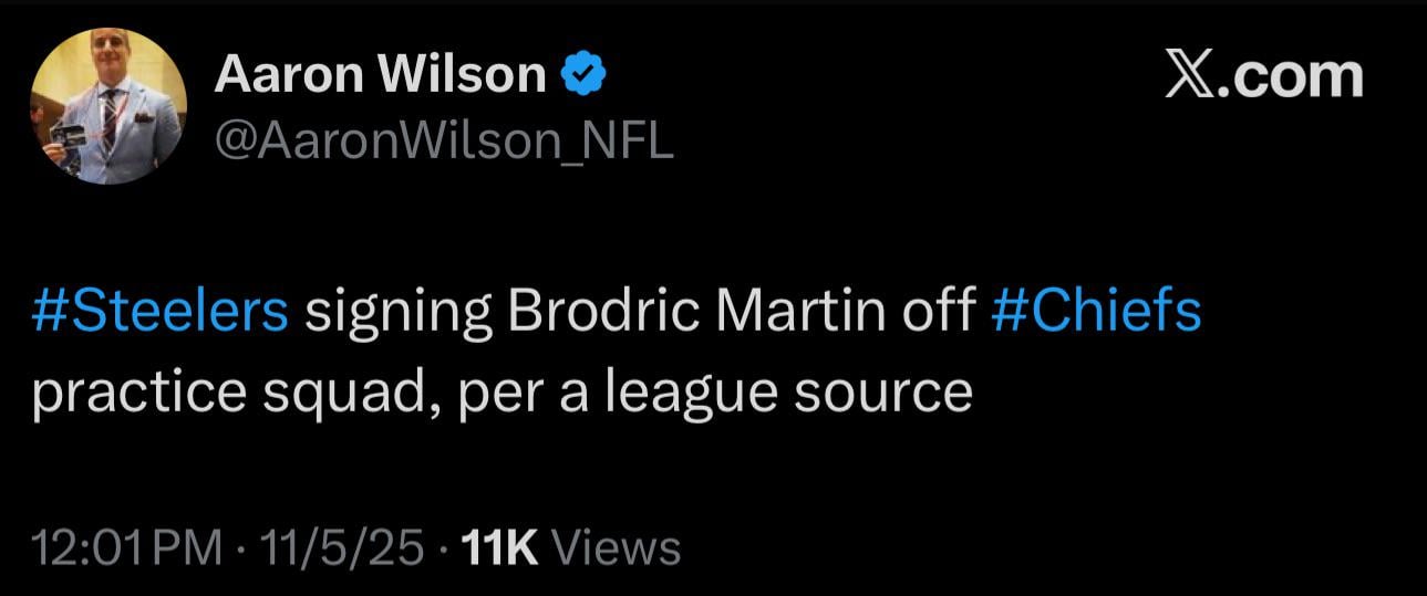 [Aaron Wilson] #Steelers signing Brodric Martin off #Chiefs practice squad, per a league source