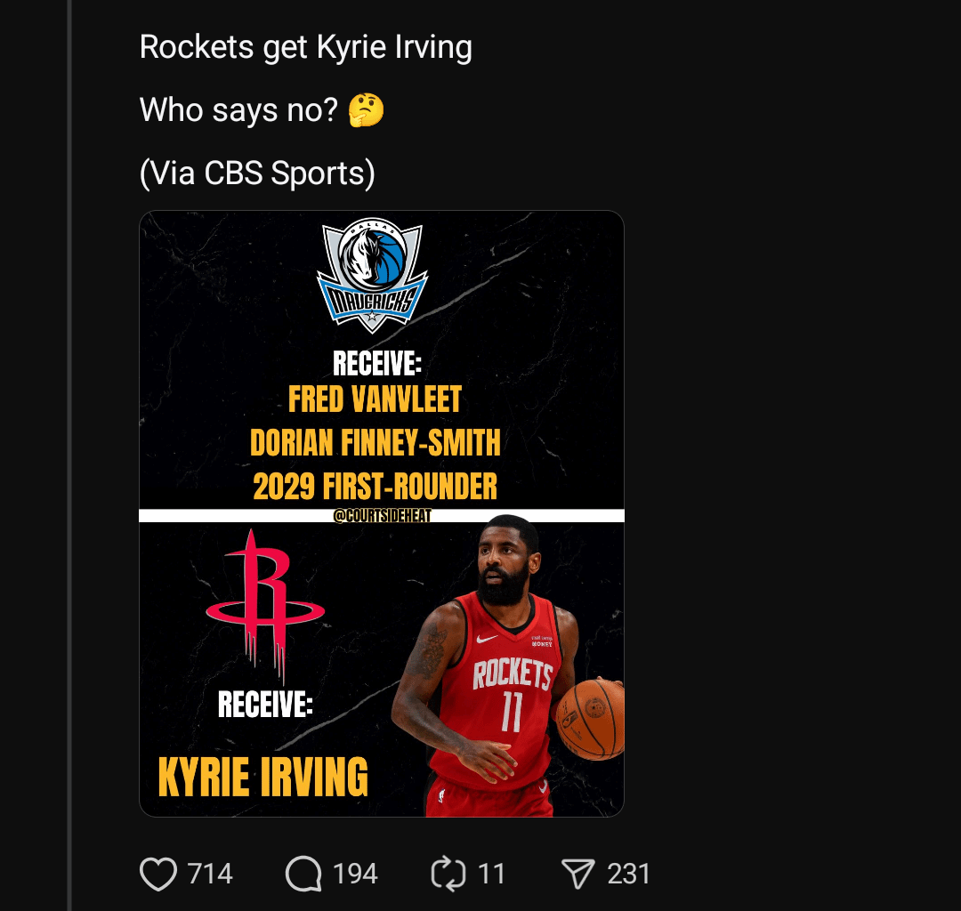 Mark out here shooting down mock trades (any trade with the Rockets should involve us getting our own pick back from them)