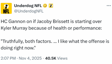 [Underdog NFL] HC Gannon on if Jacoby Brissett is starting over Kyler Murray because of health or performance: "Truthfully, both factors. ... I like what the offense is doing right now."