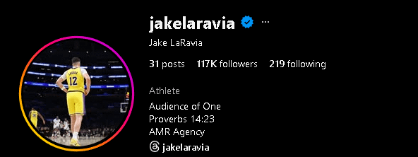 Lakers social media motion is insane, Jake Laravia before joining Lakers had less than 25k followers, hes at 117k now and will be 200k very soon lol (instagram).