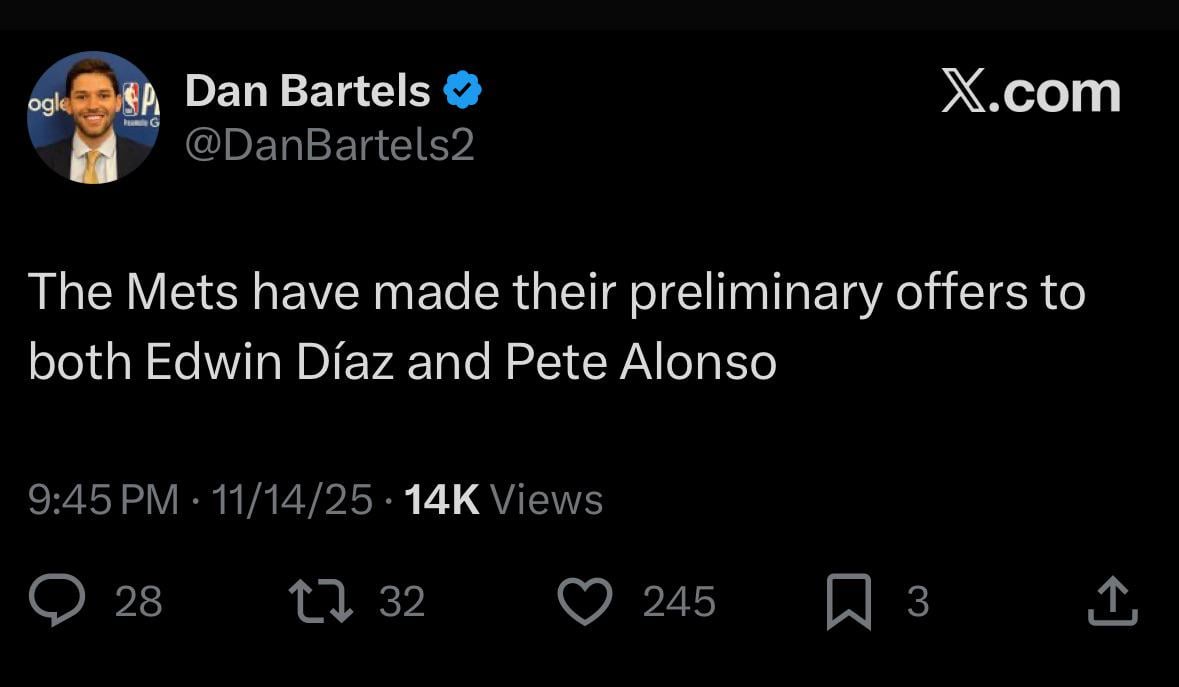 [Bartels] The Mets have made their preliminary offers to both Edwin Díaz and Pete Alonso