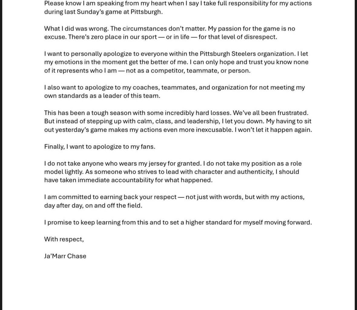 Ja’marr Chase Apology