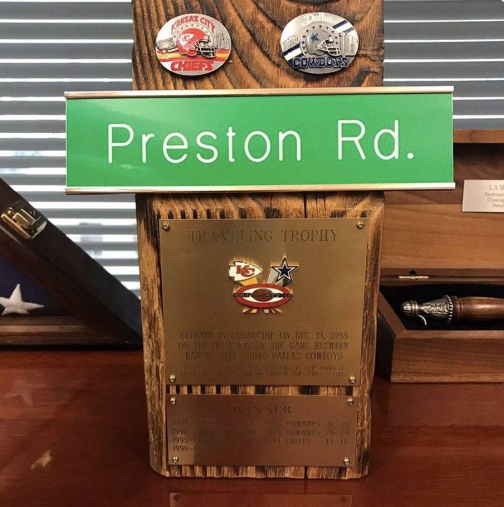 Not only is our playoff fate hanging in the air this week, so is the coveted Preston Road Trophy. A traveling trophy kept by the team owner of the last Chiefs/Cowboys game winner. Supposedly currently locked up in Clark Hunt's office. Let's hope it stays there!