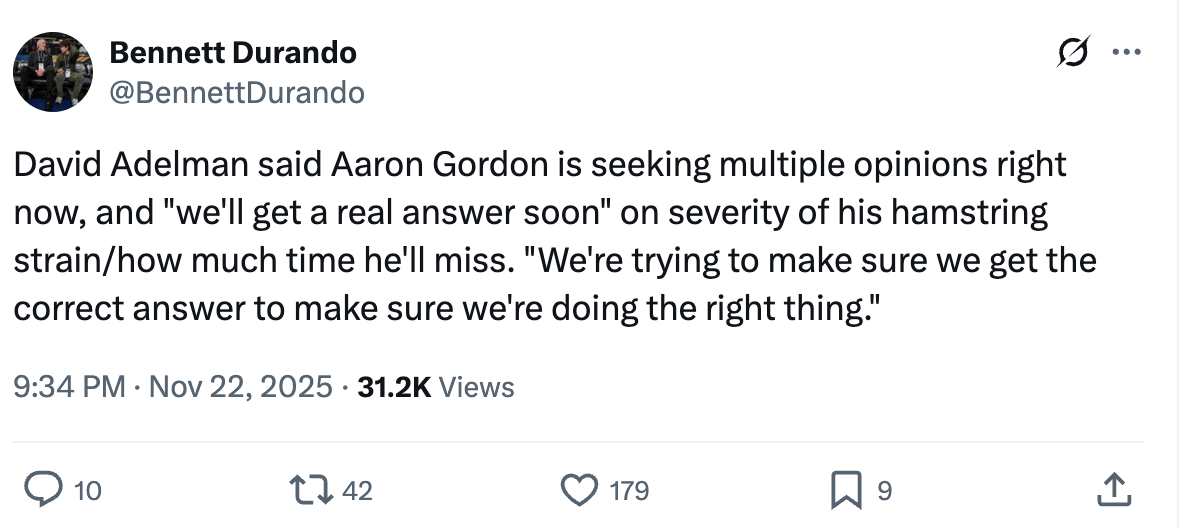 "Aaron Gordon is seeking multiple opinions on his hamstring injury"-Bennett Durando